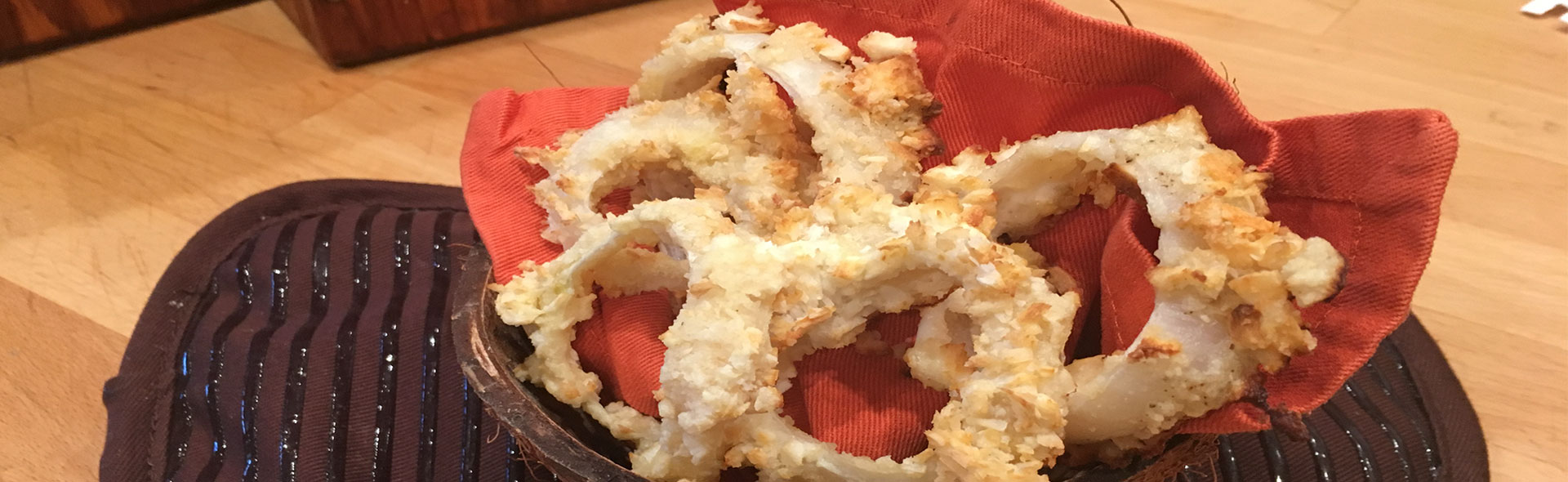 baked not fried, coconut battered onion rings
