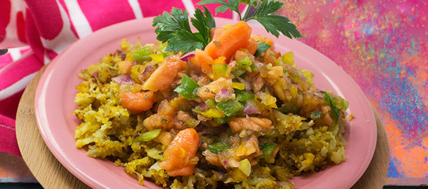 Chayote-potato scramble topped with papaya salsa
