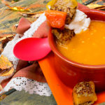 Colors of the season soup with grilled cheese cubes