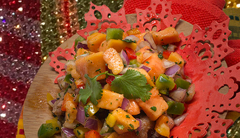 Seafood medley topped with Caribbean papaya salsa